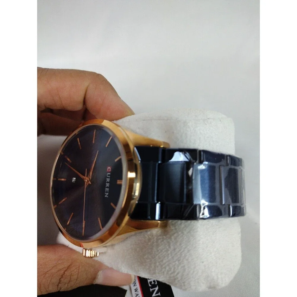 Men's Fashion Watch with Date. Blued Metal Band/Rose Gold - Gift with Purchase